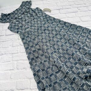 Eva Mendes NY&Co Blue and Gray Patchwork Fit Flare Dress 4 Tall Sleeveless